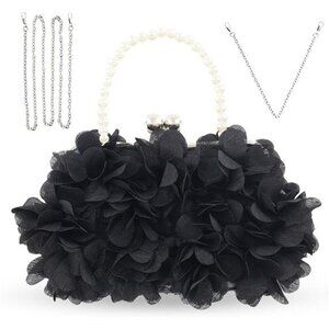 Elegant Black Evening Purse Small Floral Clutch Bag with Detachable Chain Strap